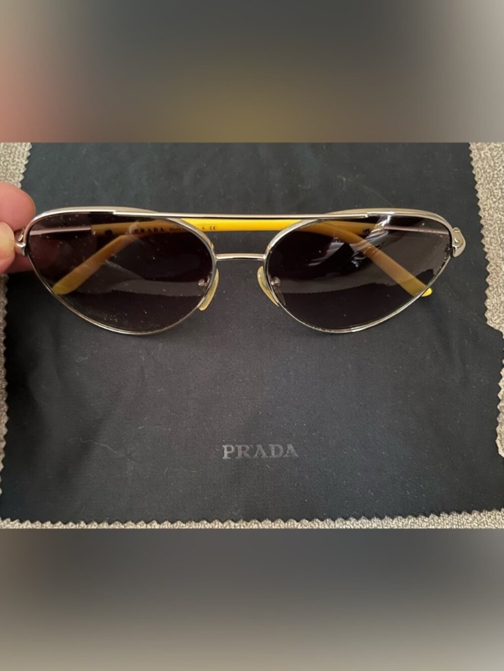 Prada Aviator Sunglasses – Silver Frame, Yellow Temples, Gradient Lenses for Uni